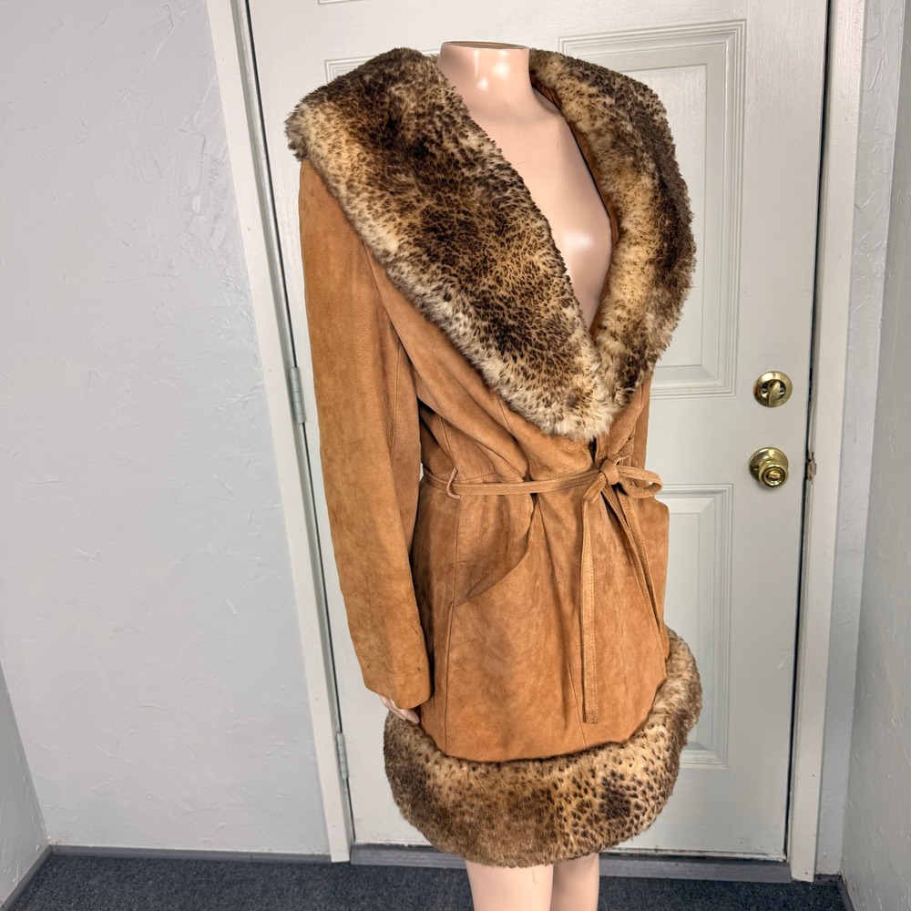 Vintage 70s Scully Penny Lane Jacket 14 Fur Suede Leather Tie Coat Y2K K3-16 - Picture 8 of 10